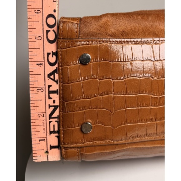 Claudia Firenze Calf Hair Leather Tote Bag Croc Embossed Trim Turn Lock Brown - Picture 9 of 13